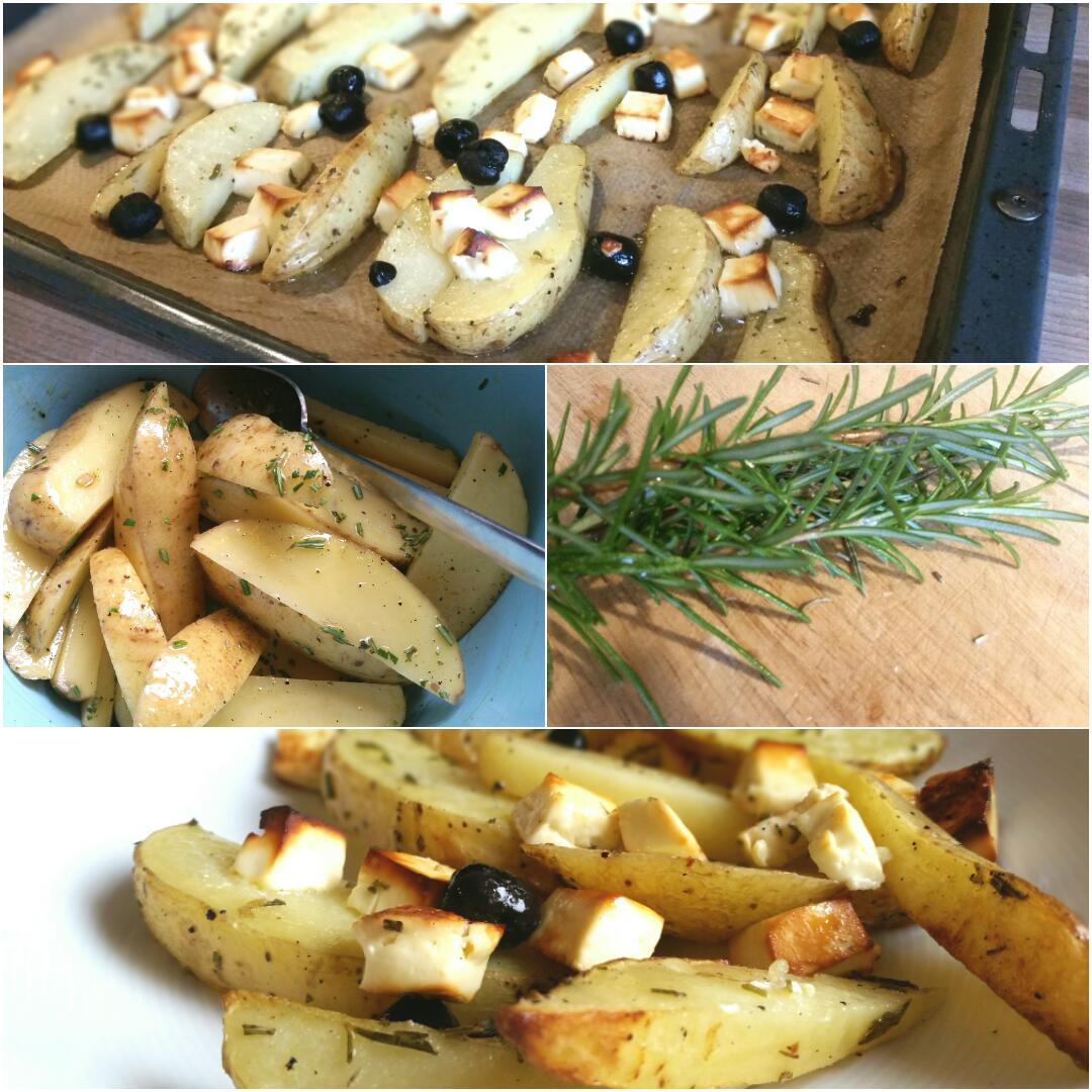 Gebackene Kartoffelecken mit Hirtenkäse und Oliven glutenfrei